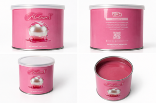 Four views of a pink cylindrical metal tin with a white lid, showing the front, back, closed side, and open interior of a cosmetic container labeled 'Madame X' and 'Venise'.