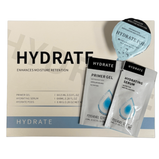 Hydrate skincare product set with packets and a box on a beige background