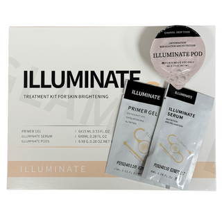 Illuminate treatment kit for skin brightening with packets and a pod on a white background.
