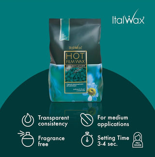 ItalWax hot film wax packaging with product features on a teal background