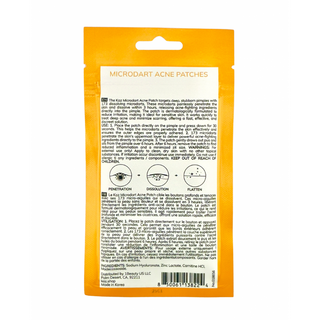Back of a package for microdart acne patches with text and icons on an orange background.