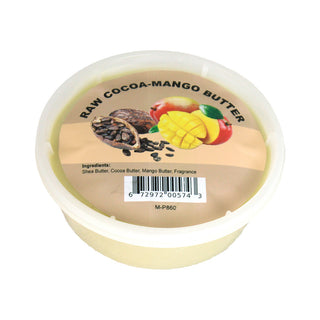Container of raw cocoa-mango butter with ingredients listed on a white background