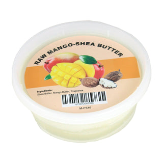 A container of Raw Mango Shea Butter with a label showing mangoes, shea nuts, and a coconut, indicating natural ingredients.
