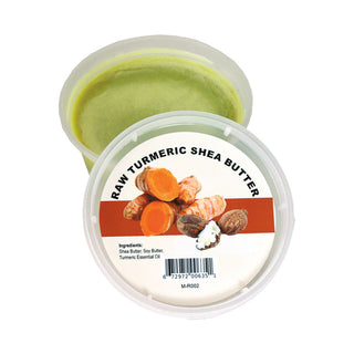 Container of raw turmeric shea butter with visible ingredients on a white background