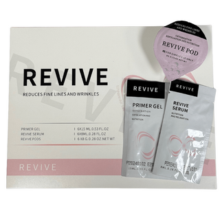 Revive skincare product set with packaging and applicator on a white background