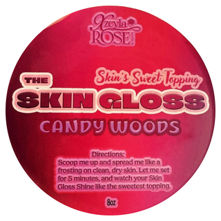 Red circular container of 'The Skin Gloss' by Zexyla Rose with text on a white background